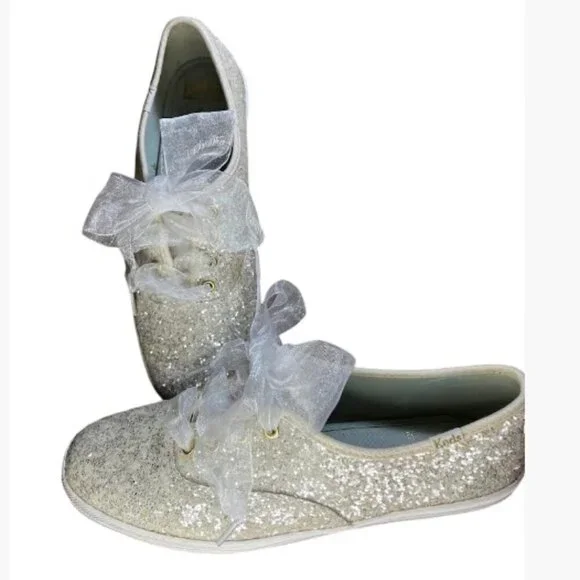 Keds by Kate Spade Champion Glitter Sneakers White Sheer Ribbon Laces Size 7 EUC - Picture 1 of 12